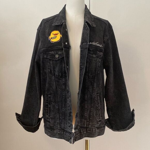 Embellished Black Oversized Denim Jacket Size L - Picture 2 of 11